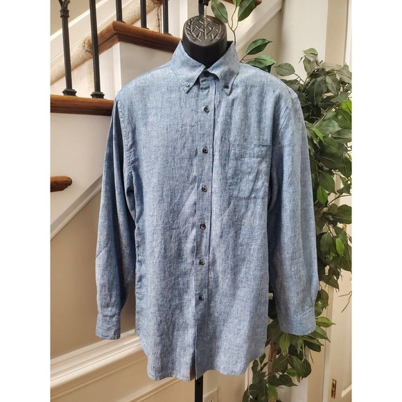 W.H. Belk Men's Blue 100% Linen Collared Long Sleeve Button Down Shirt Size L - Picture 11 of 11